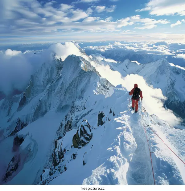 A mountaineer reaches the summit of a snow-capped mountain.