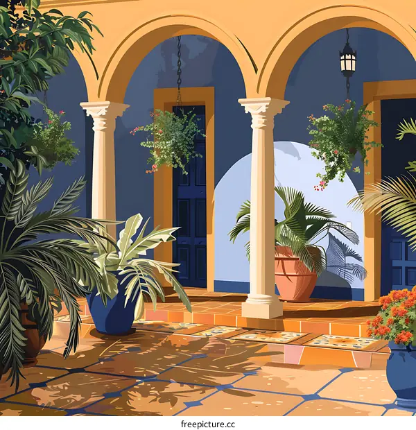 Tropical Courtyard with Arched Entrance and Hanging Plants