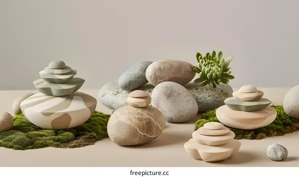 Stacked Stone Sculptures with Green Succulent Plant on Mossy Surface