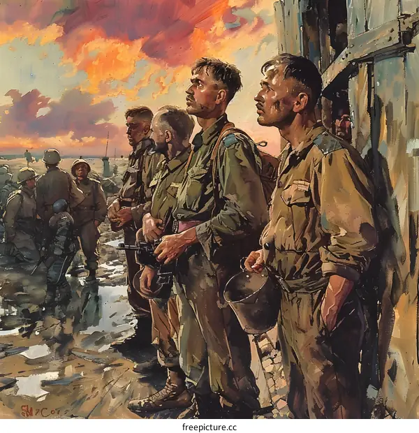 A group of soldiers looking at the ruins of a war-torn city