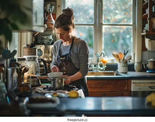 Focused young woman cooking in a bright kitchen