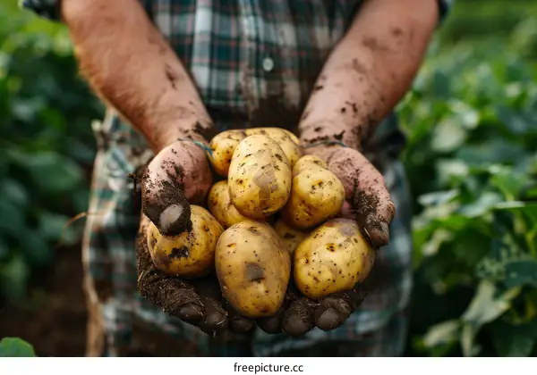 Farmer holding a handful of freshly harvested potatoes