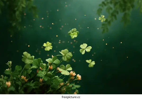 Floating Clover Leaves on a Deep Green Background