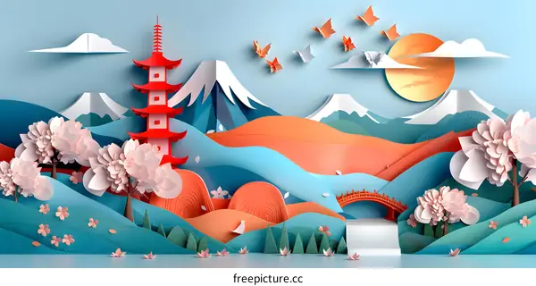 Paper Art Landscape of Japan with Cherry Blossoms and Mount Fuji