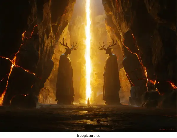 Mysterious Cave Scene with Two Deer-Horned Figures and Glowing Light