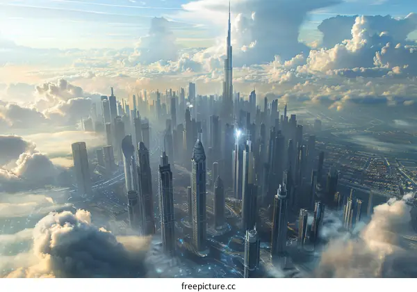 Aerial View of a Futuristic City Above the Clouds