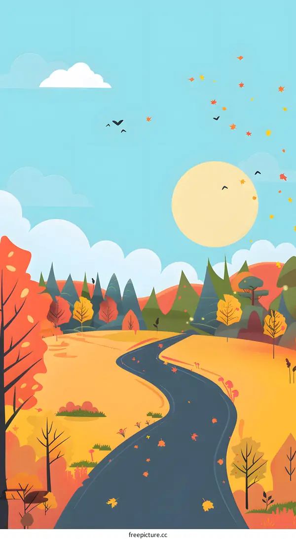 Autumn Road Illustration with Winding Path and Falling Leaves