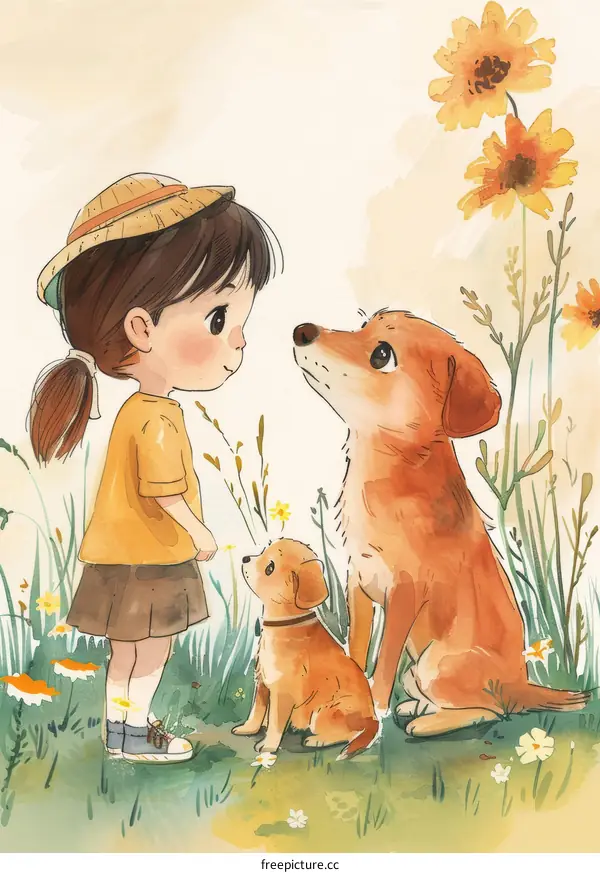 Little girl and her two dogs in a field of flowers