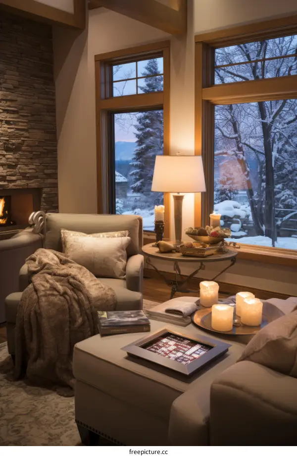 Cozy living room with fireplace and view of snowy landscape
