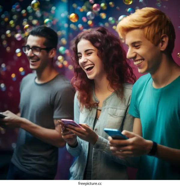 Three young multi-ethnic friends laughing while looking at their phones