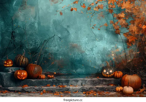 Spooky Halloween Pumpkins Against a Blue Stone Wall