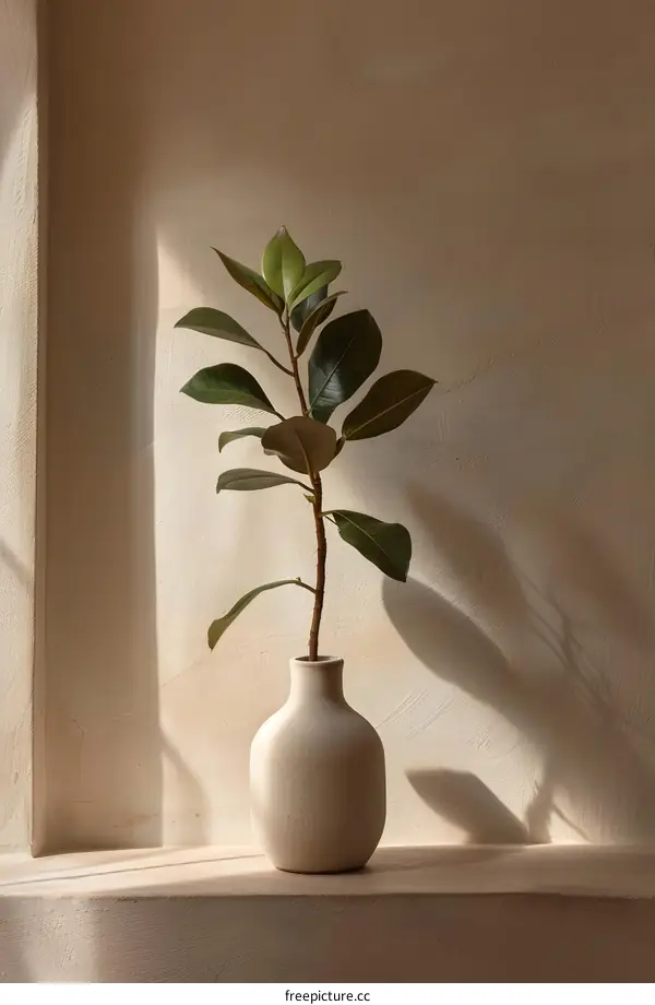 Minimalist Interior Design with Green Plant in a White Vase on a Beige Wall