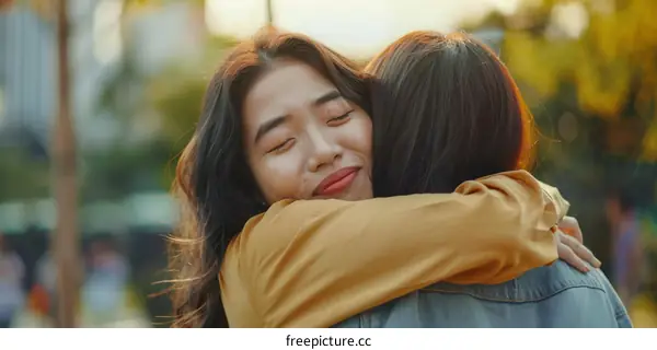 Two young Asian women hugging outdoors