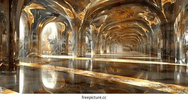 Golden Futuristic Hall with Marble Floor