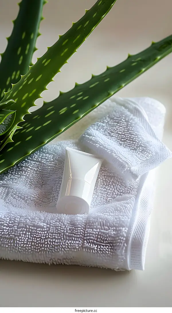 Aloe Vera Plant and Cream on White Towel