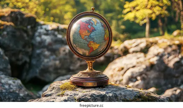 Vintage World Globe on Rocky Outdoor Setting
