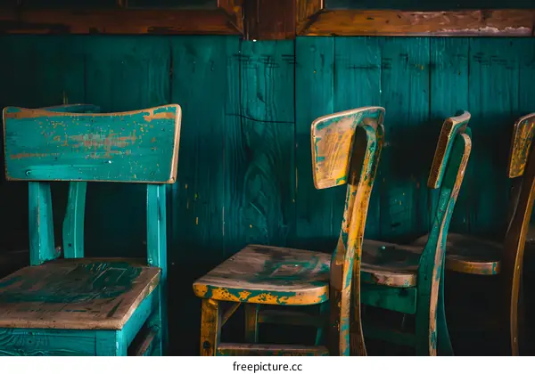 Vintage Wooden Chairs with Teal Green Paint