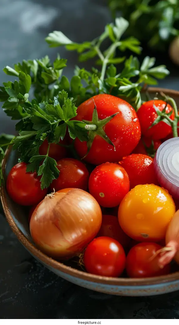 Fresh Vegetables on a Blue Plate: Red and Yellow Tomatoes, Onions, Parsley