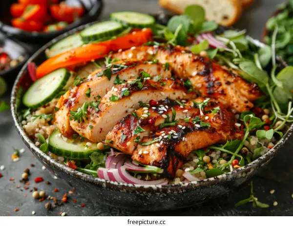 Grilled chicken breast with quinoa, cucumber, tomato and red onion salad