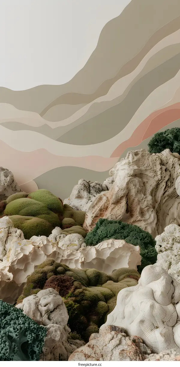 Abstract Nature Landscape With Green Moss And White Stones