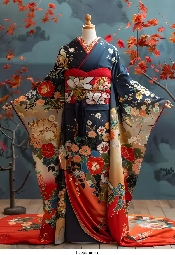 A kimono with a floral pattern and a red obi sash
