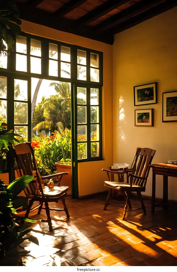 Sunlight Streaming Through Window In A Tropical Room With Wooden Chairs