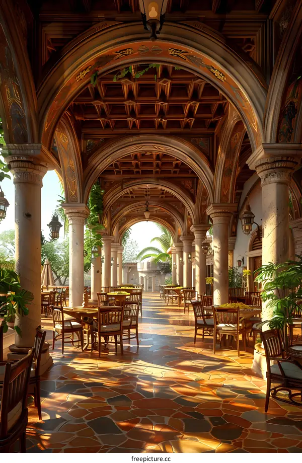 Chairs and tables in a beautiful Mediterranean style courtyard