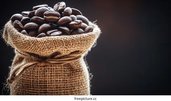 Close-up image of burlap sack filled with coffee beans against dark background