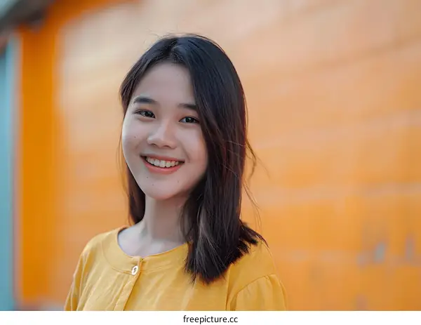 Smiling Asian Woman with Yellow Shirt in Front of Orange Wall