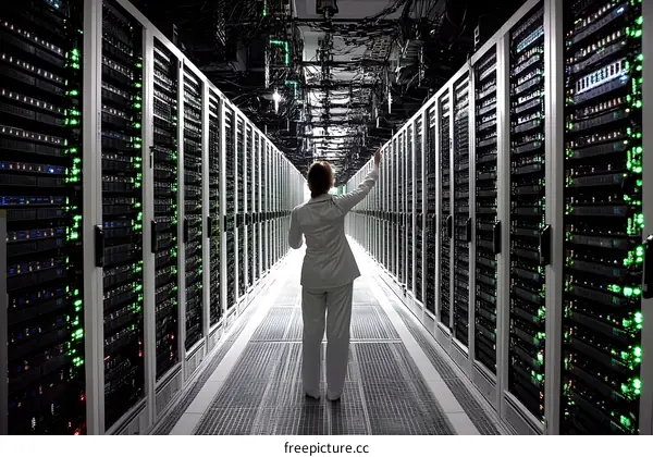 Woman in White Suit Stands in Server Room