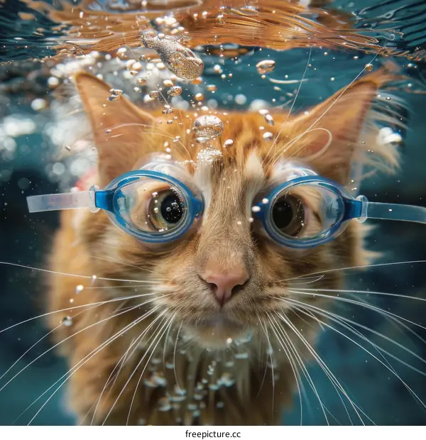 A ginger cat wearing blue goggles is swimming underwater