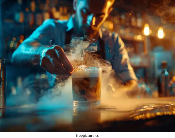 Smoking cocktail being prepared by bartender