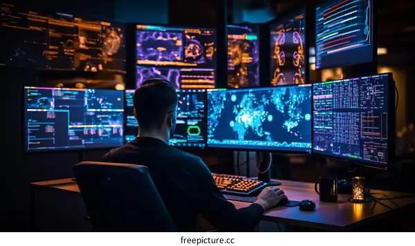 Asian man sitting in front of a large bank of computer monitors