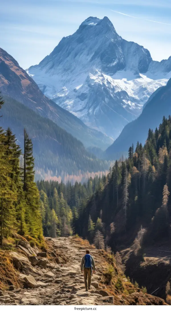 Man hiking in a valley with mountains in the distance