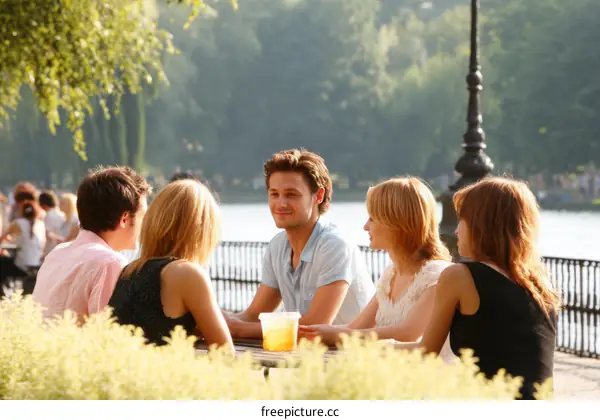 Friends Enjoying a Sunny Day by the Lake