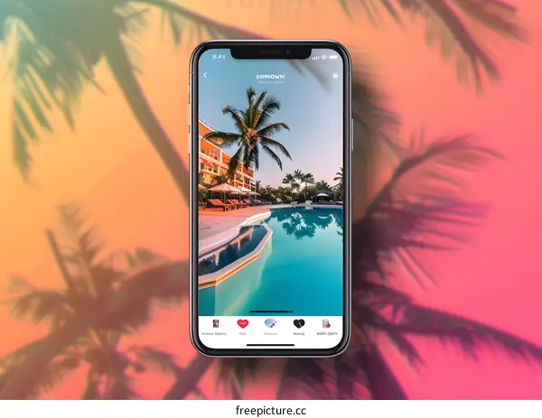 Mobile Phone Displaying Tropical Resort Pool Image