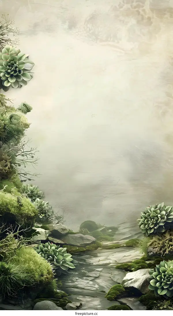 Green Succulents and Mossy Rocks on a Beige Background