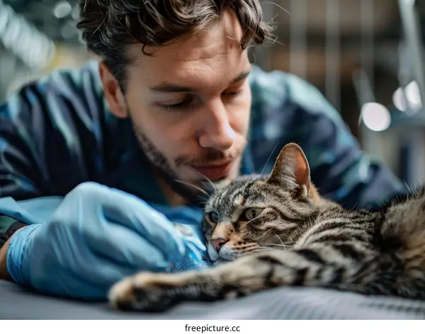Close-up of a male veterinarian examining a tabby cat