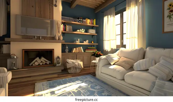 Cozy Living Room With Fireplace and Blue Walls