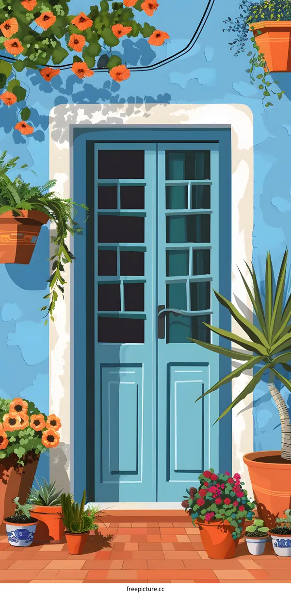Blue Door with Flower Pots and Plants Illustration