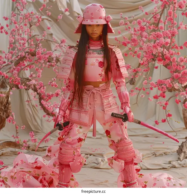 A Girl in Pink Samurai Costume with Cherry Blossoms