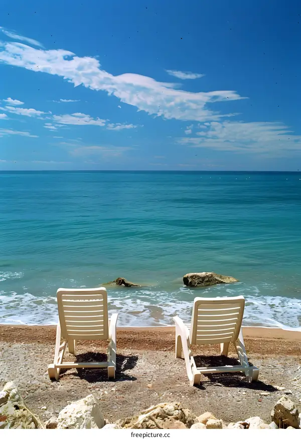 Two empty white plastic chairs on a beach with the ocean in the background