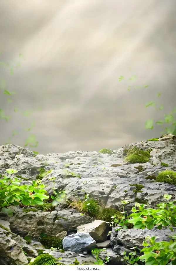 Rocky Mountain Landscape With Green Plants And Foggy Sky