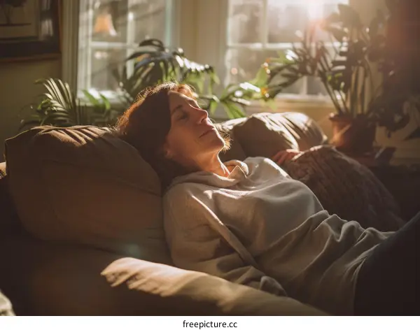 A woman is sleeping on the couch in the living room