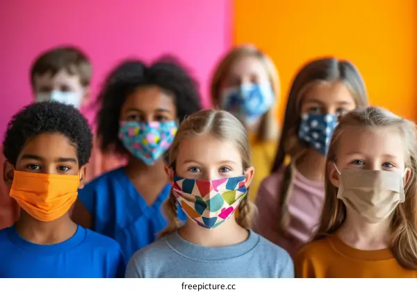 A group of children wearing colorful face masks