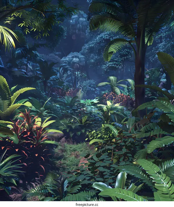 Jungle Night Scene With Lush Tropical Foliage