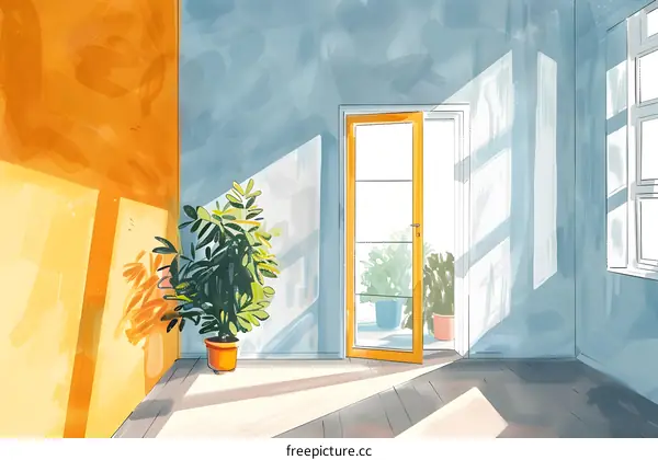 Sunlight Streaming Through Window Into Room with Plant