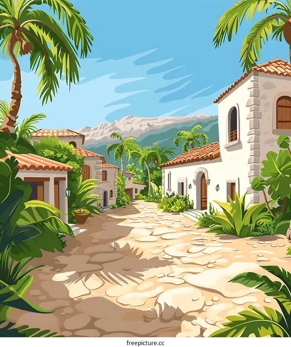 Tropical Village Street with Cobblestone Road and Palm Trees