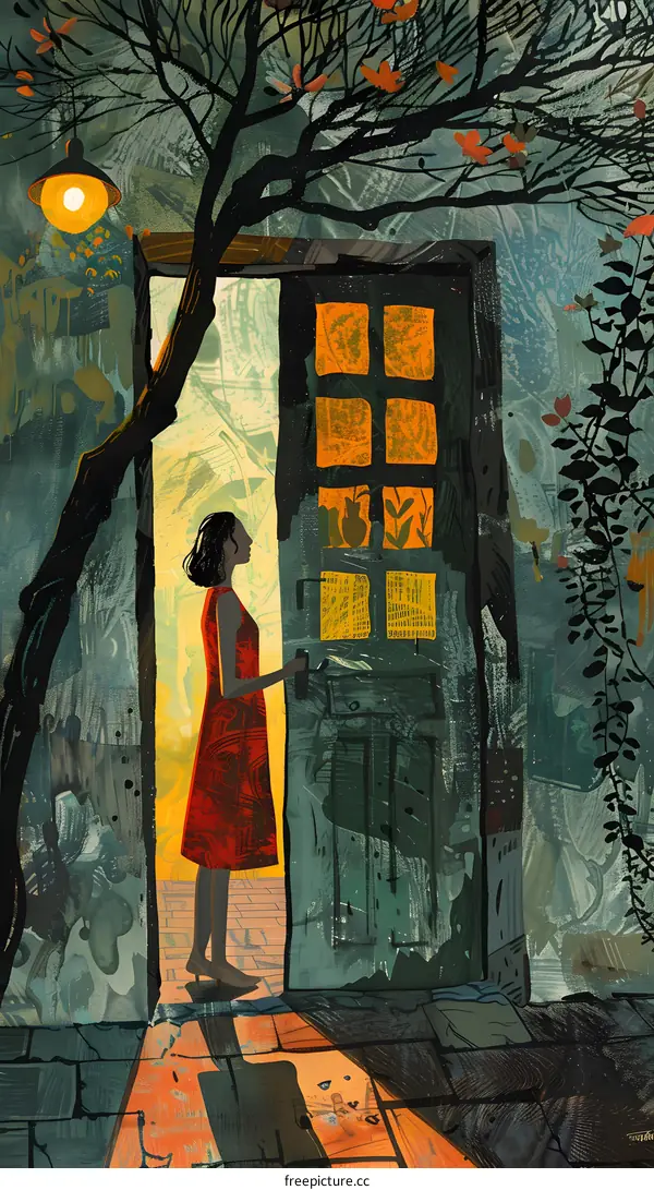 A woman standing in front of a door