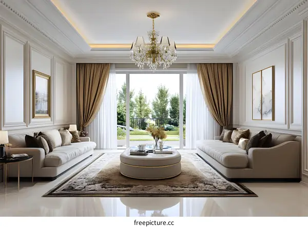 Luxury Living Room Interior Design with Golden Accents and a View